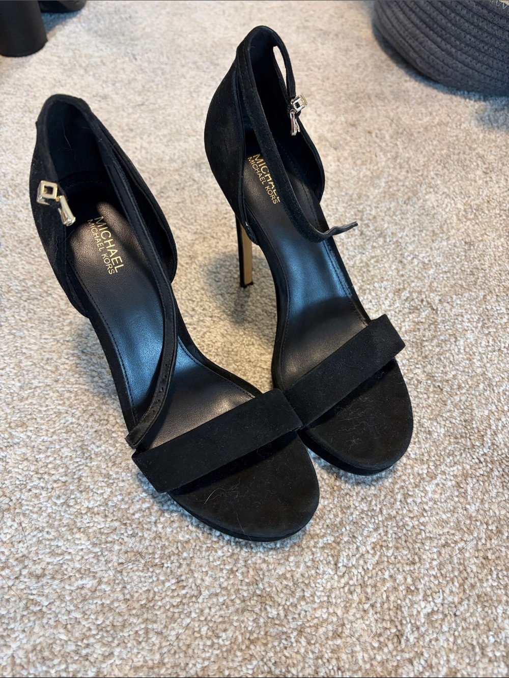Michael Kors Black Suede Ankle-Strap Stiletto Sandals with Gold Buckle
